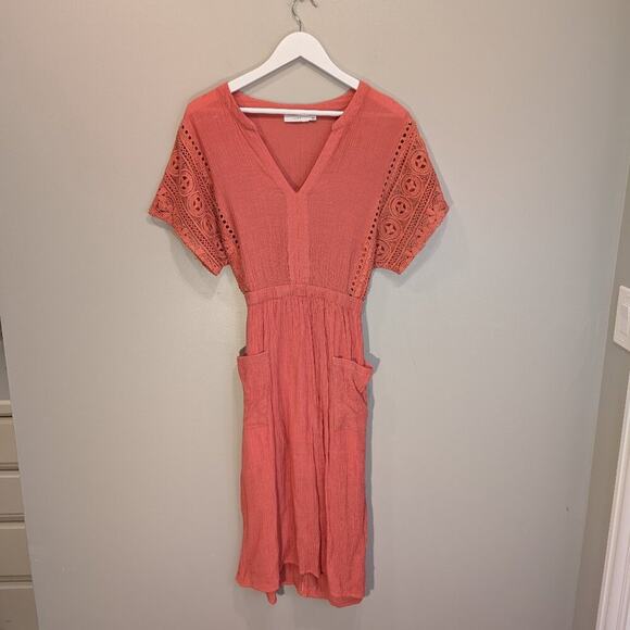 Lush Dresses & Skirts - LUSH Coral Lace Midi Dress CottageCore BeachCore Brunch Spring Summer - Size M